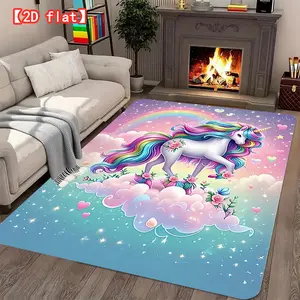 2D flat large popular velvet carpet with rainbow unicorn and cloud dream theme for living room, entrance, bedroom, and game room, modern home decoration carpet