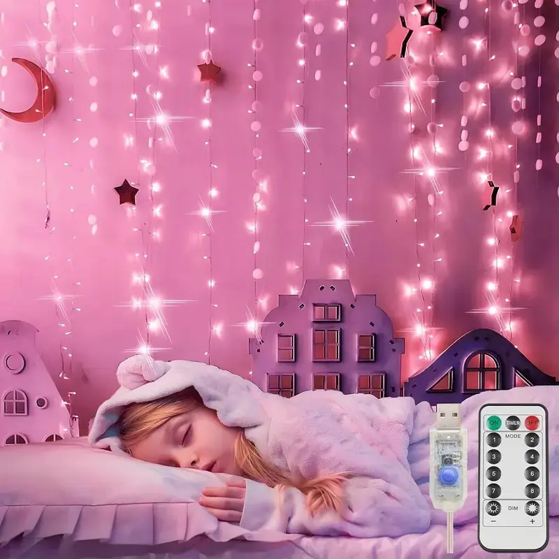 6.5x6.5ft Twinkling Fairy Curtain Lights, 200 LEDs Romantic Glow Hanging String Lights for Bedroom, Outdoor Event Decor - Pink, Twinkling Lights