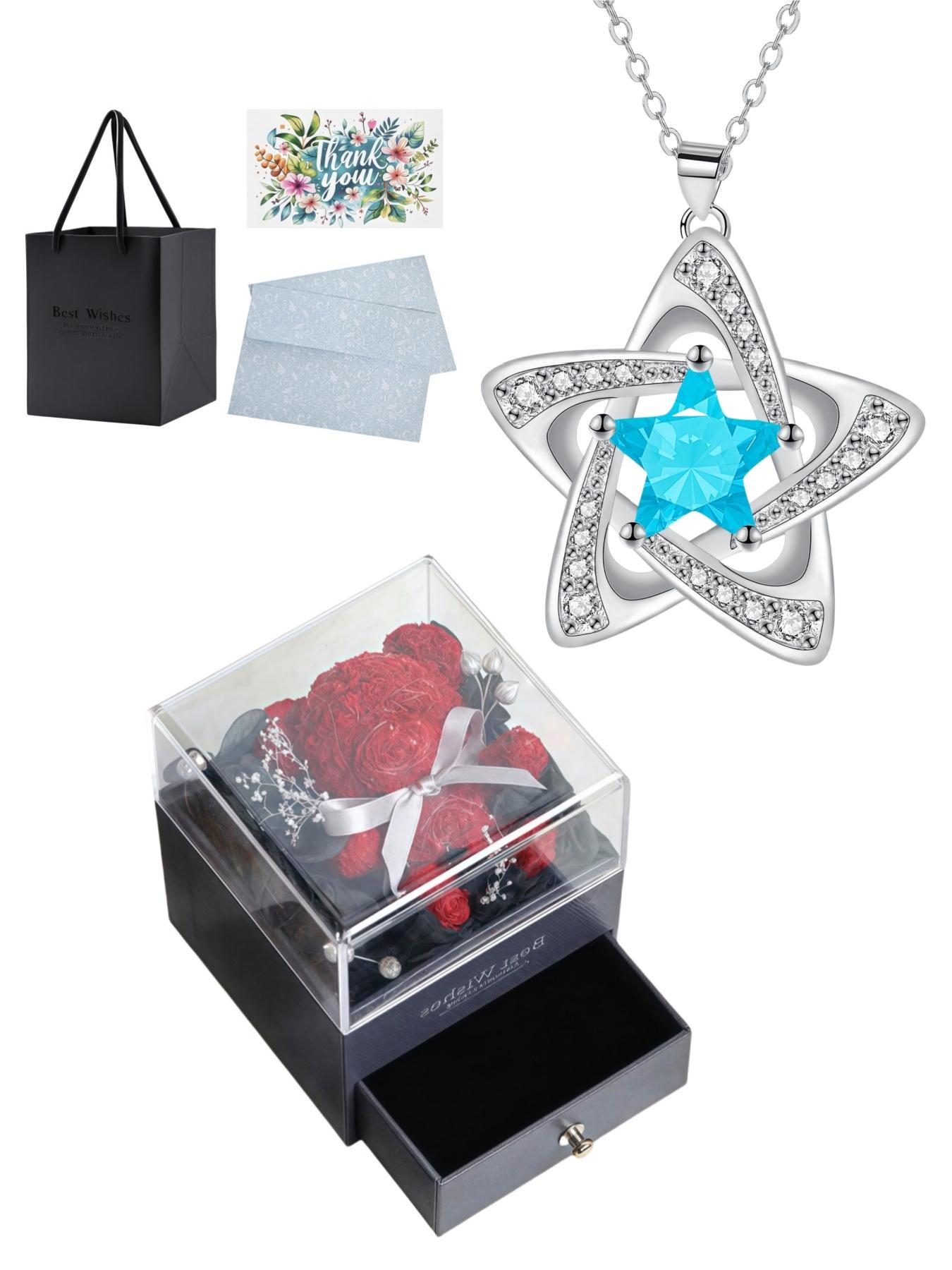 "Blue Diamond Stardust" — Elegant blue pentagram sapphire necklace with preserved rose & eco-friendly moss teddy bear gift box. A perfect mysterious gift for festivals, dates, birthdays for wives or daughters, and Valentine's Day.