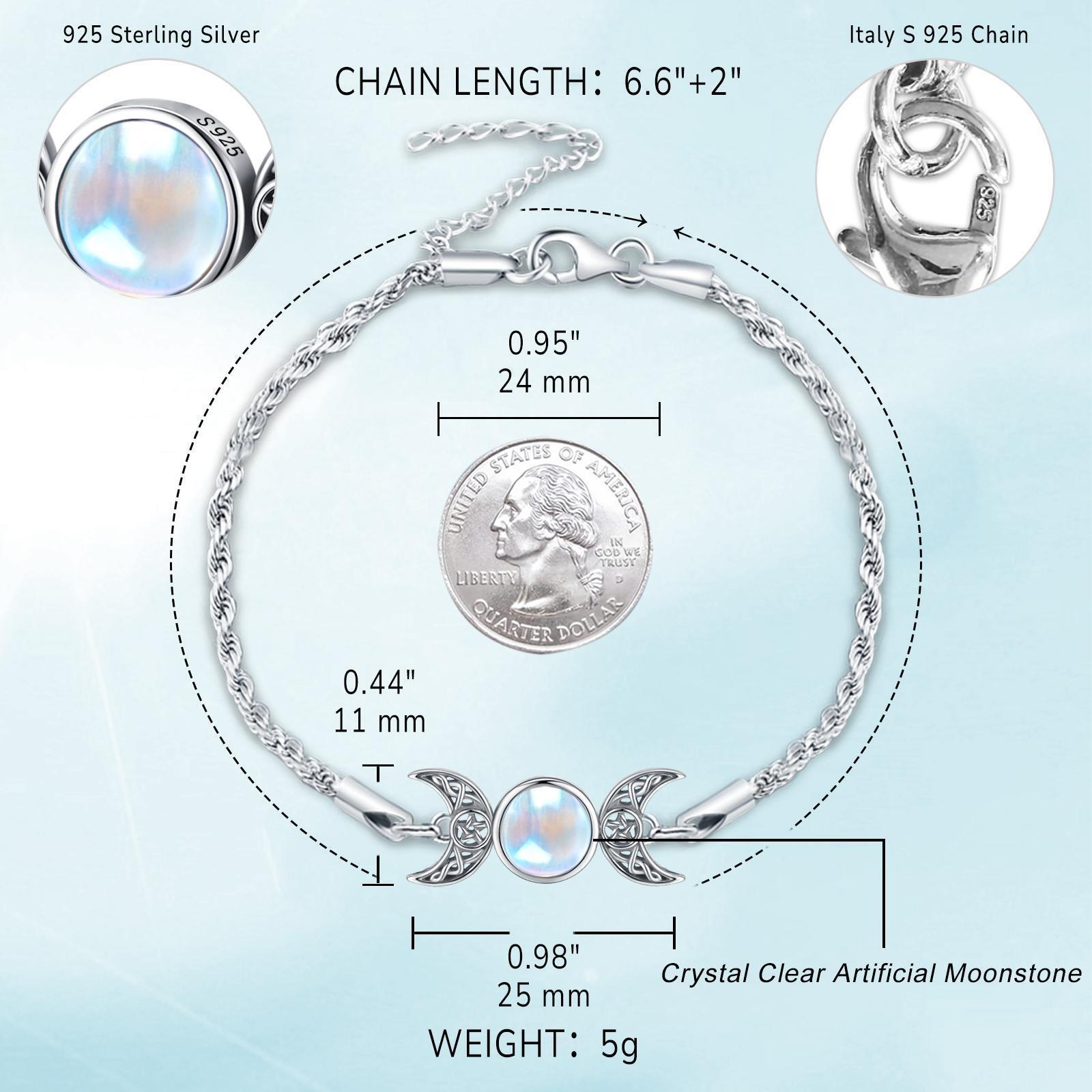 DRINSPER Moonstone & 925 Sterling Silver Elegant Bracelet, Hecate Triple Moon Goddess Bracelet, Artificial Moonstone, Pagan Wiccan Amulet Bracelet, Artificial Moonstone,Fashion Celtic Knot Crescent Moon,Elegant Jewelry Accessory for Women Girlfriend Girls