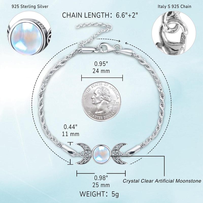 DRINSPER Moonstone & 925 Sterling Silver Elegant Bracelet, Hecate Triple Moon Goddess Bracelet, Artificial Moonstone, Pagan Wiccan Amulet Bracelet, Artificial Moonstone,Fashion Celtic Knot Crescent Moon,Elegant Jewelry Accessory for Women Girlfriend Girls
