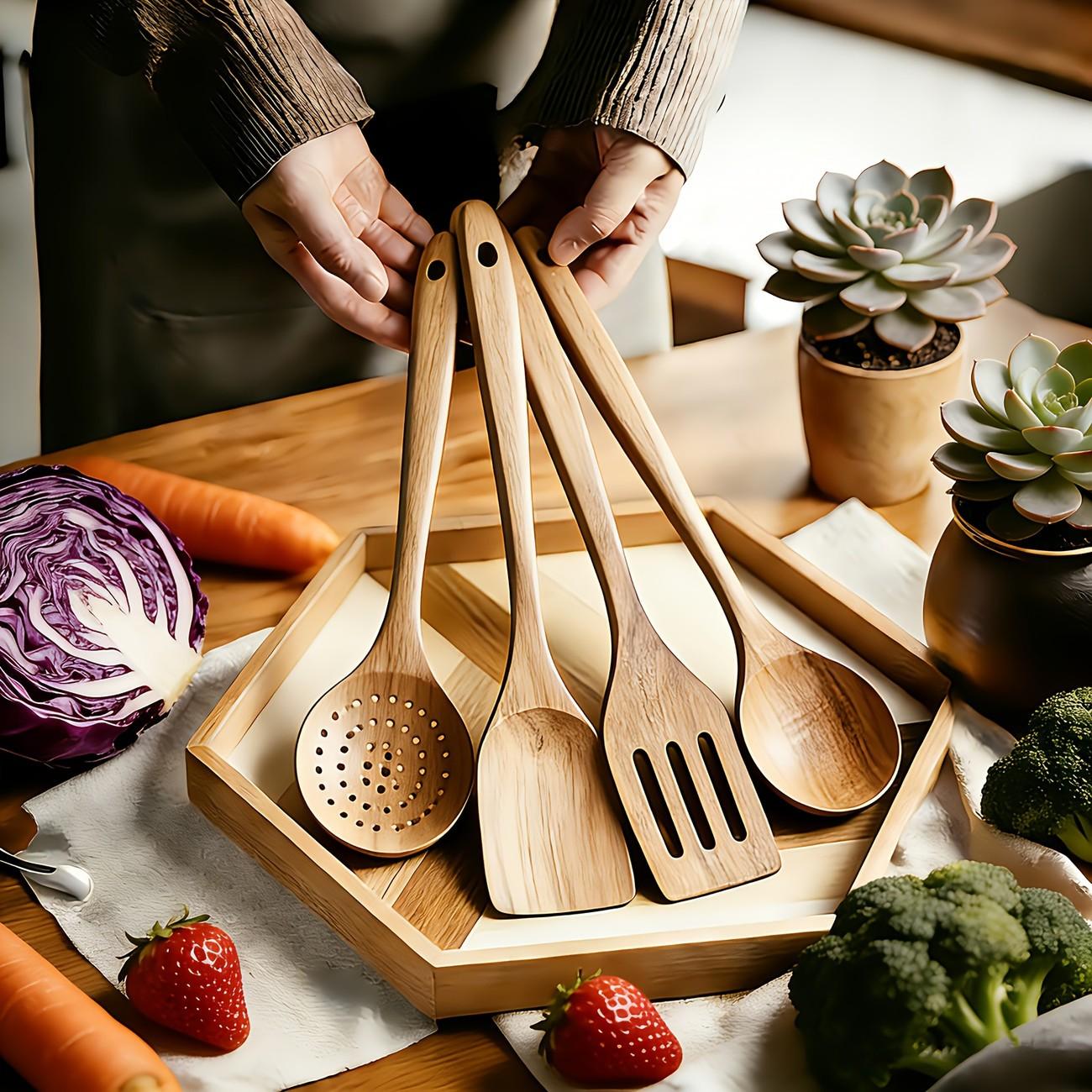 4pcs Premium Wooden Kitchen Utensils Set, Handmade Teak Cooking Tools, Filtering Spoon and Mixing Spoon, Durable Kitchen Tools