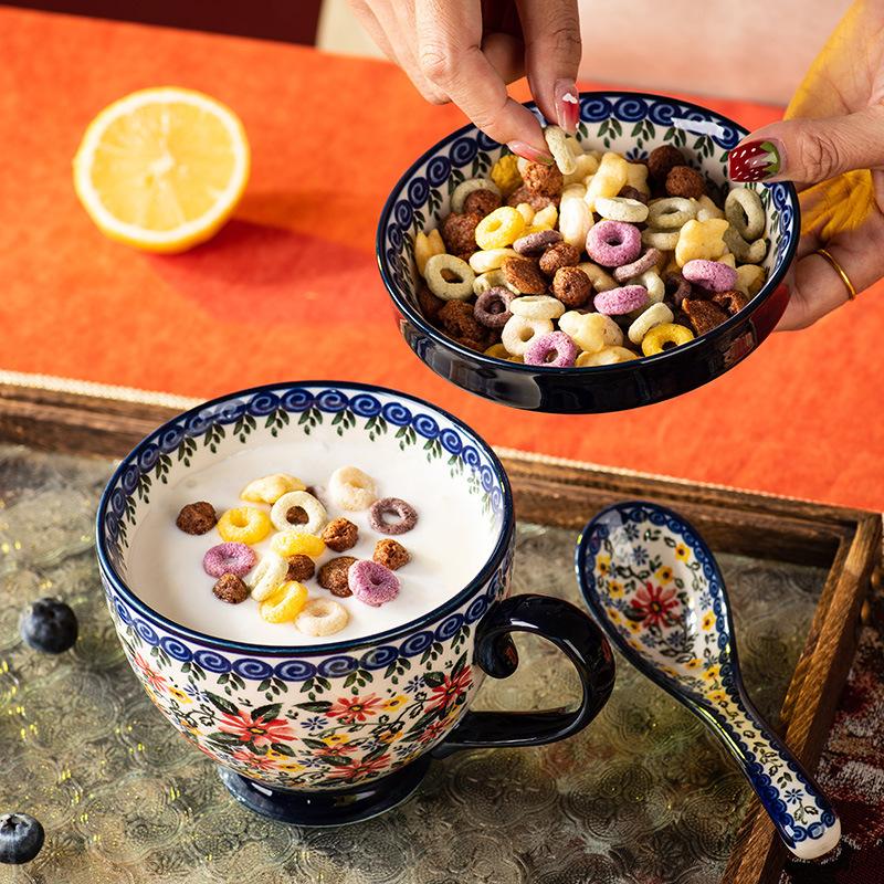 Retro Style Ceramic Mug, Office Coffee Cup, Home Breakfast Cup, Exquisite Polish Water Cup, Floral Pattern, Ideal for Daily Use