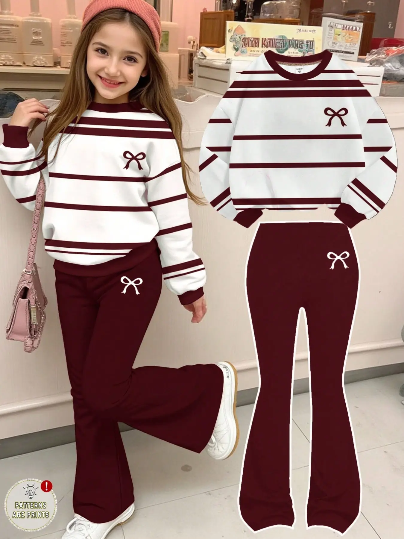 Girls' Wine Striped Bow Set, Simple Korean Style, Horizontal Stripe Small Butterfly Print High Waist Pants, School & Home Wear