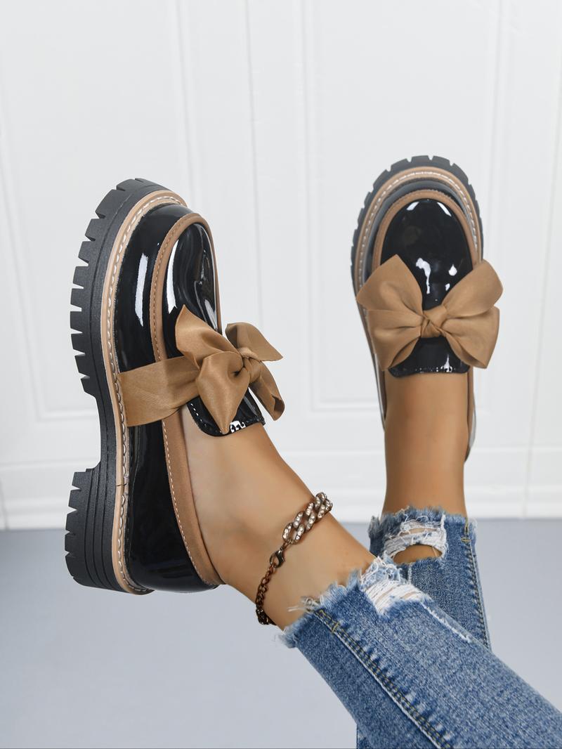 Women's Bowknot Loafers, Spring & Fall Casual PU Leather Shoes, Plain Pattern, Less Than Ankle Height, PVC Sole