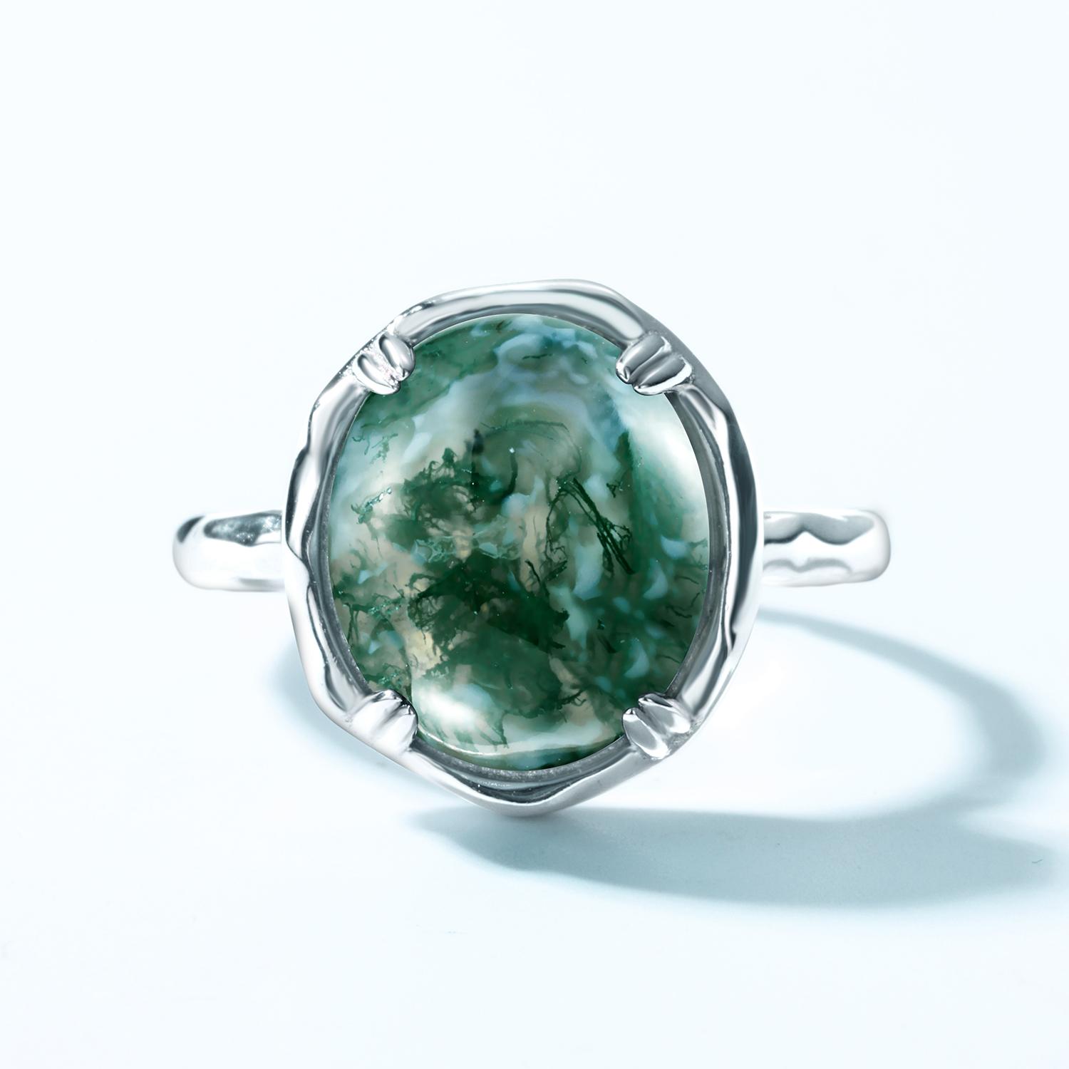 Natural Gemstone  Healing Stone Green Moss Agate Porcelain Round Cabochons Adjustable Rings for Women Men Valentine Gift for Girlfriend