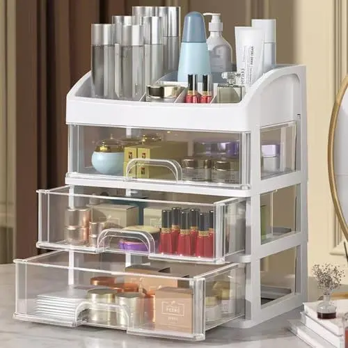 Makeup Organizer with 3 Drawers, White Cosmetic Storage Box with Top Compartments for Vanity, Bathroom, Bedroom and Kitchen, Sturdy PP Plastic Display Case,metal