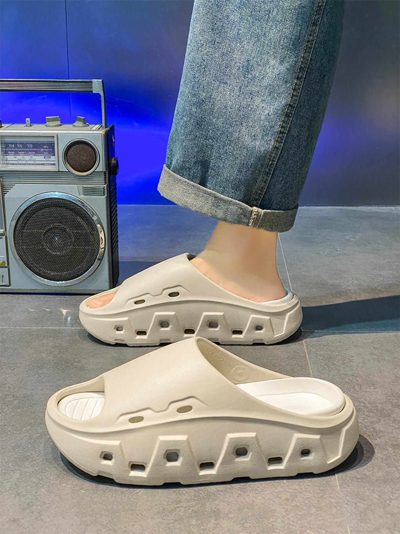 Women's White-Black Color-Block Slides: Breathable Hollow + Soft Shock-Absorbing Sole, Anti-Slip Bathroom Home Slippers