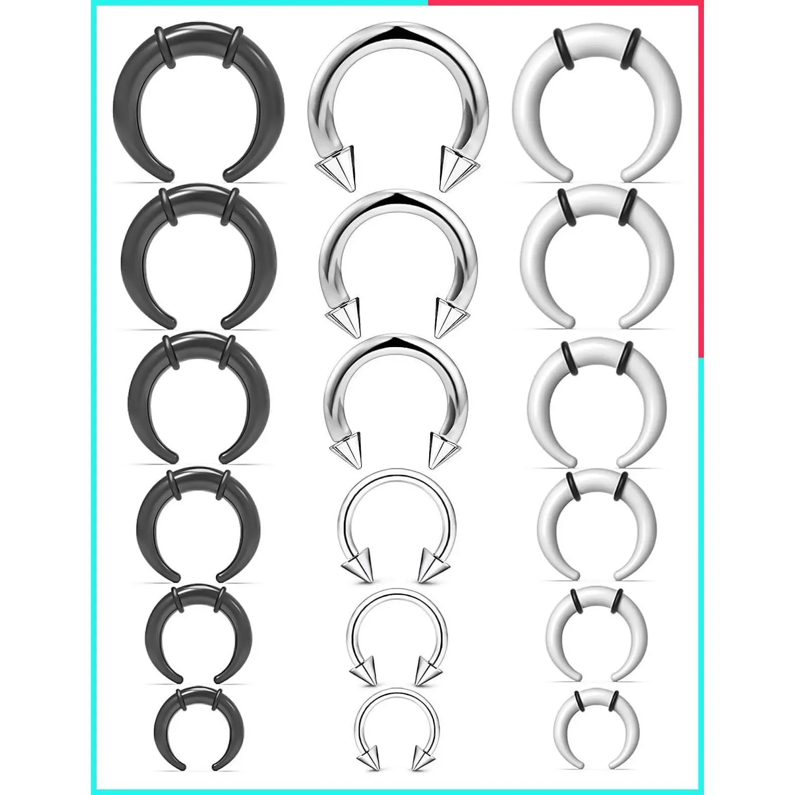 14g-4g Septum Stretching Kit with Black White Acrylic Tapers, Metal Horseshoe Nose Rings, Surgical Steel Pinchers Piercing Jewelry for Women Men