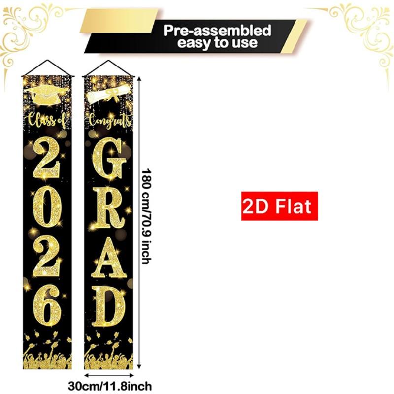 2D Flat Banner Door Sign 1 Pair, 2026 Graduation Porch Banner, Outdoor Gold Sparkle, Weatherproof Graduate Welcome Sign, High School Party Supplies
