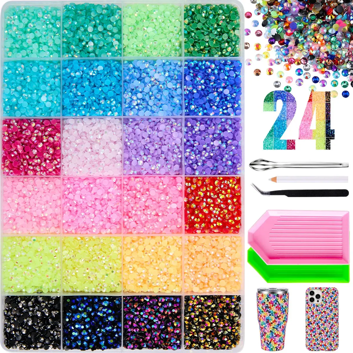 1Box 24 Colors Hot Selling Semi-circular Rhinestones Nail Bedazzling Rhinestones Kit Multiple Sizes of 3/4/5mm Jelly AB Flatback Crystal Nail Gems Diamond with Tools DIY Book Lipstick Pendant Decorative Ornament