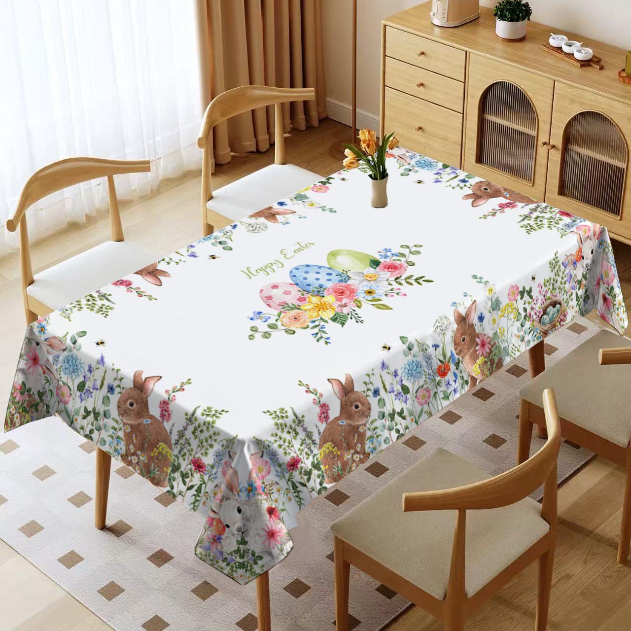 Rectangular Easter Tablecloth, Cartoon Rabbit & Egg Design, Spring/summer Floral Pattern, Perfect for Holiday/easter Decorations