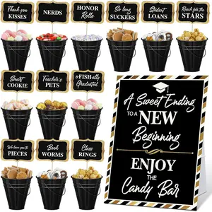 25 Pcs Graduation Candy Buffet Party Decoration Graduation Table Candy Bar Snack Labels Signs and 5'' Buckets with Handle for Class of 2026 High School College(Pure Style,Black)