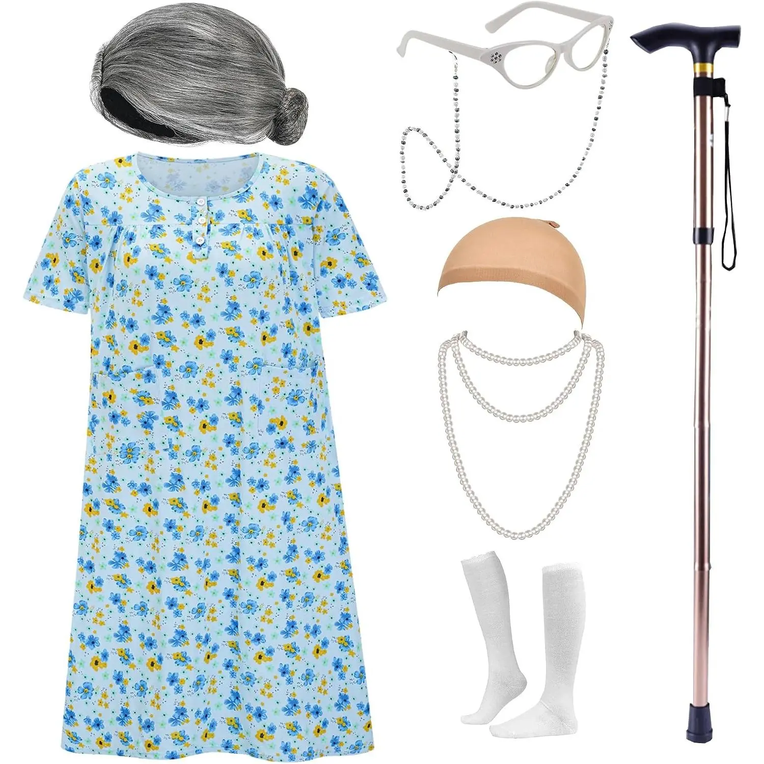 Women's Halloween Old Lady Granny Costume Dress with AccessoriesGift