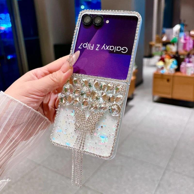 Luxury Rhinestone Butterfly Cute Phone Case For Samsung Galaxy Z Flip 7 6 5 4 Z Flip6 ZFlip7 Cover Korean Hard Cases ZFlip7 Capa