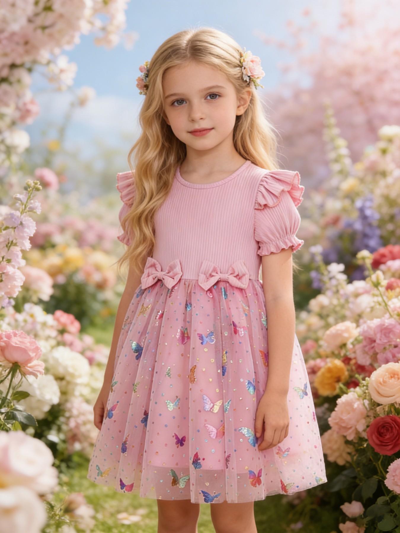 Sweet Style Girls' Dress, Flutter Sleeve Bow Design, Summer Mesh Princess Dress, Cute Floral Pattern, Slim-Fitting, Perfect for Kids