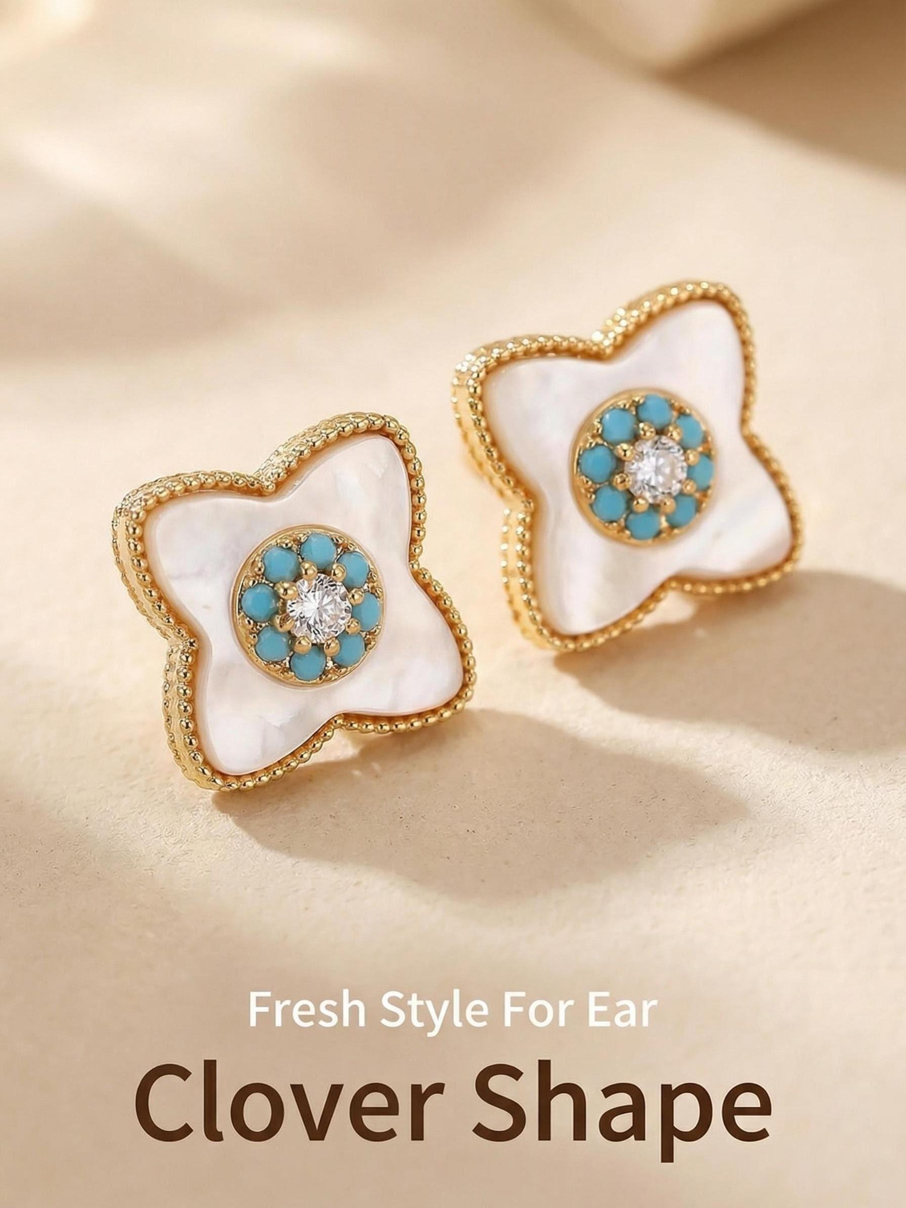 Vintage Clover Mother-Of-Pearl Turquoise Zircon Earrings, Elegant Lightweight Everyday Commuter Jewelry, Versatile Fashion Accessory
