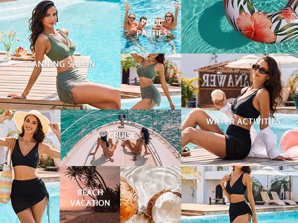 Blooming Jelly Mesh Sarong Wraps Bathing Suits Womens High Waisted Tummy Control Bikini beach Sets