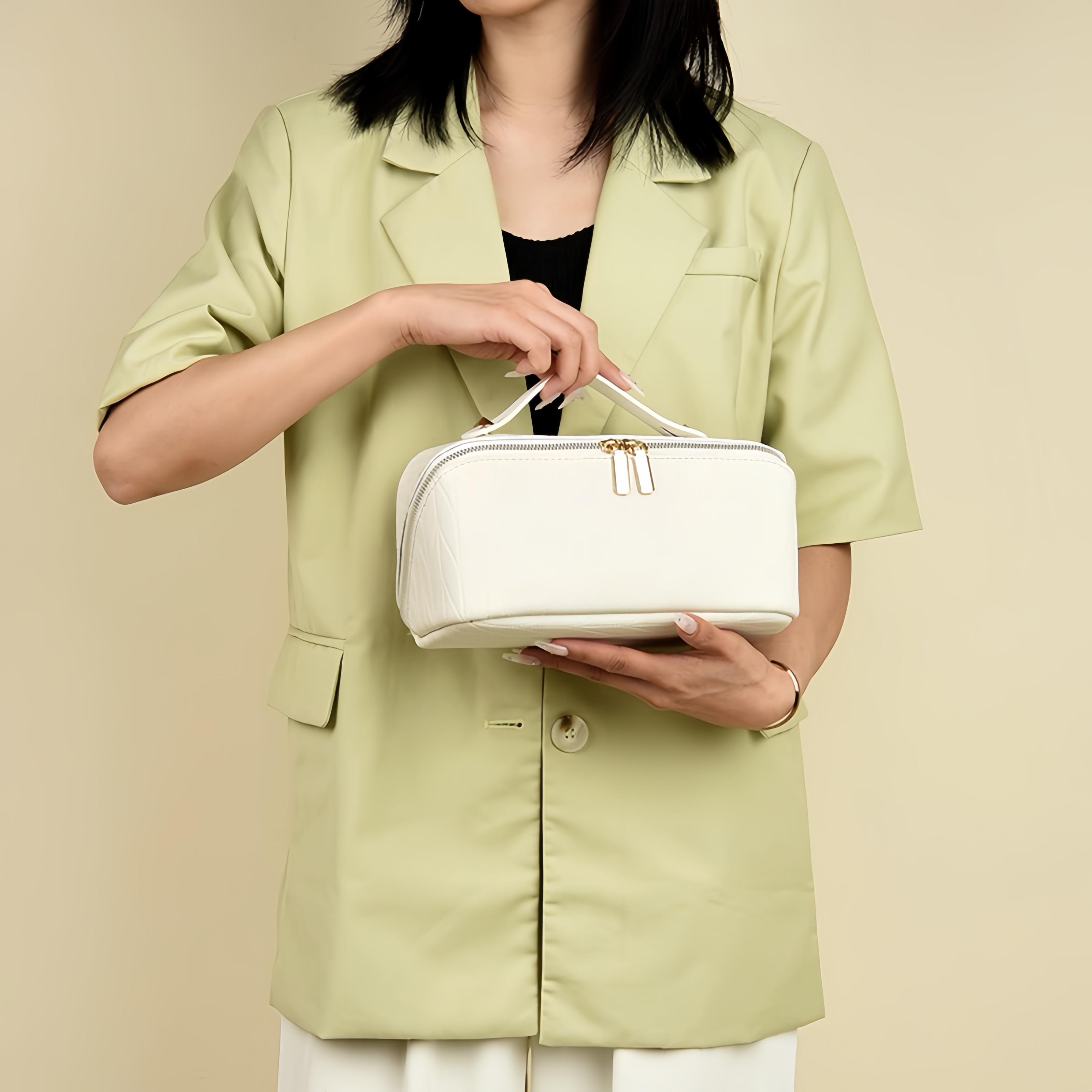 Large Capacity PU Cosmetic Salon-Grade Organizer Bag for Travel Waterproof Valentine's Day Gift Vegan Leather Makeup Pouch Portable Toiletry Bag for Women Makeup Case Jewelry Organizer Box Handheld Cosmetic Pouch Girlfriend Present Minimalist