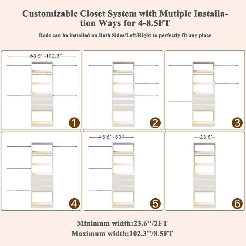 Closet System, 4-8FT Closet Organizer with 3 Wood Drawers & Glass Top, 102'' Walk in Closet with 5 Hang Rods & LED Lights & Trouser Rack, Built-in Wardrobe Clothes Rack with Shelves and Tower, White