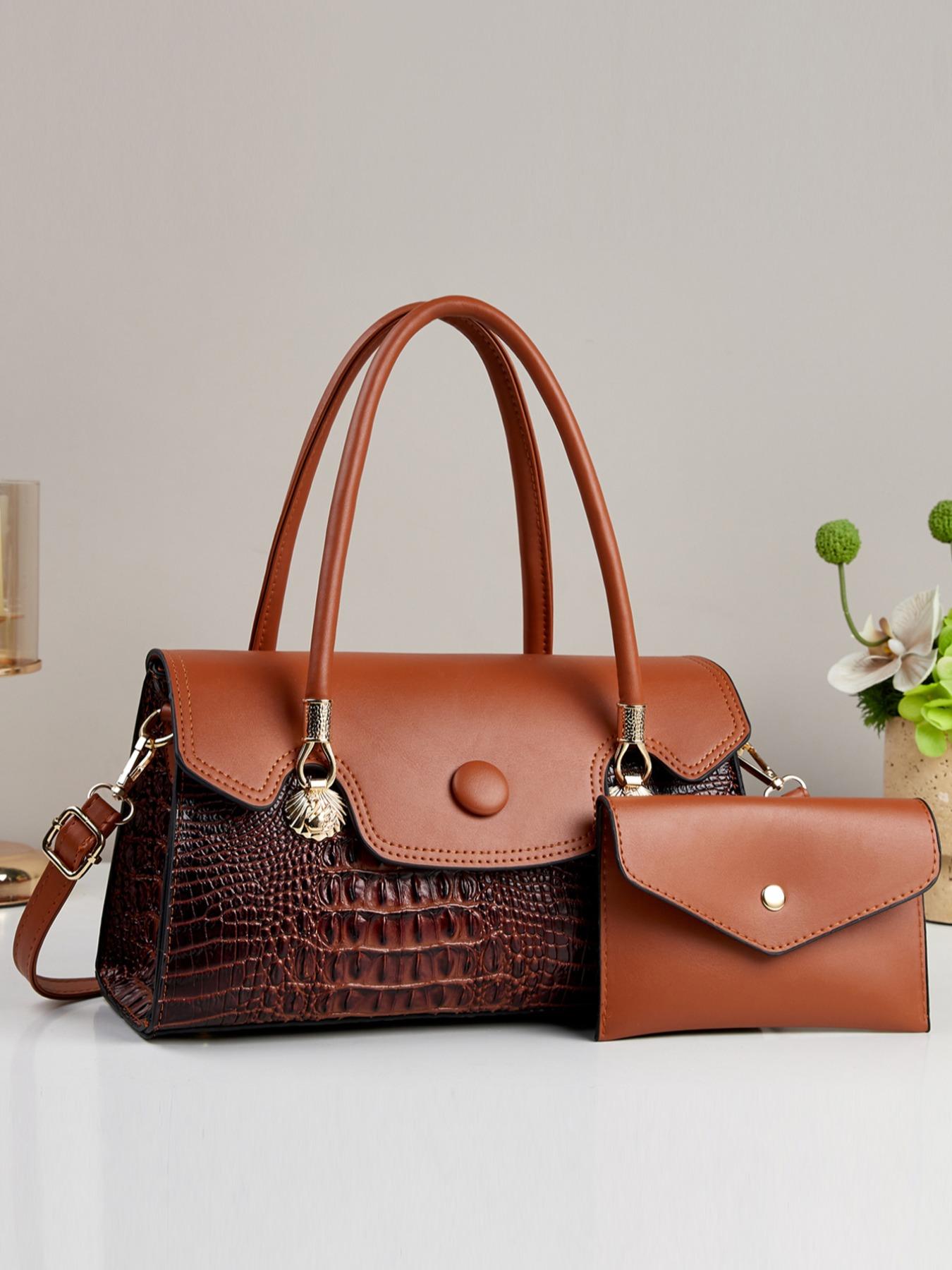 2pcs Women's Glossy Patent Leather Handbag & Clutch Set, Crocodile Pattern, Detachable Strap, Shoulder Crossbody Bag for Work, Travel & Party