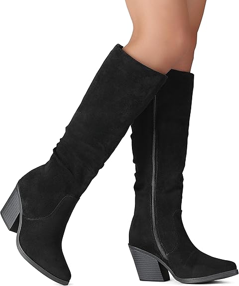Women's Pointed Toe Knee High Boots Faux Suede Stacked Chunky Heel Boots Side Zipper Slouchy High Boots