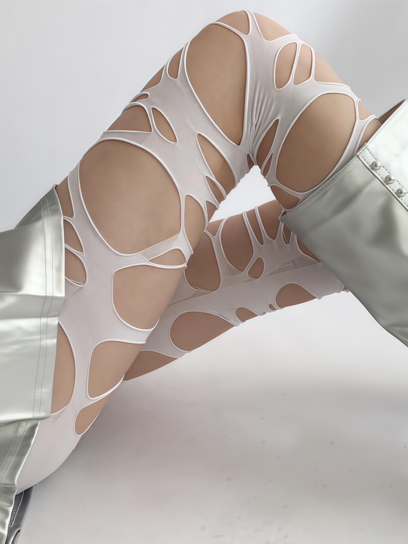 Women's Mesh Hollow Out Pantyhose, Asymmetric Ripped Design, Regular Fit, Suitable for All Seasons, 1 Pair