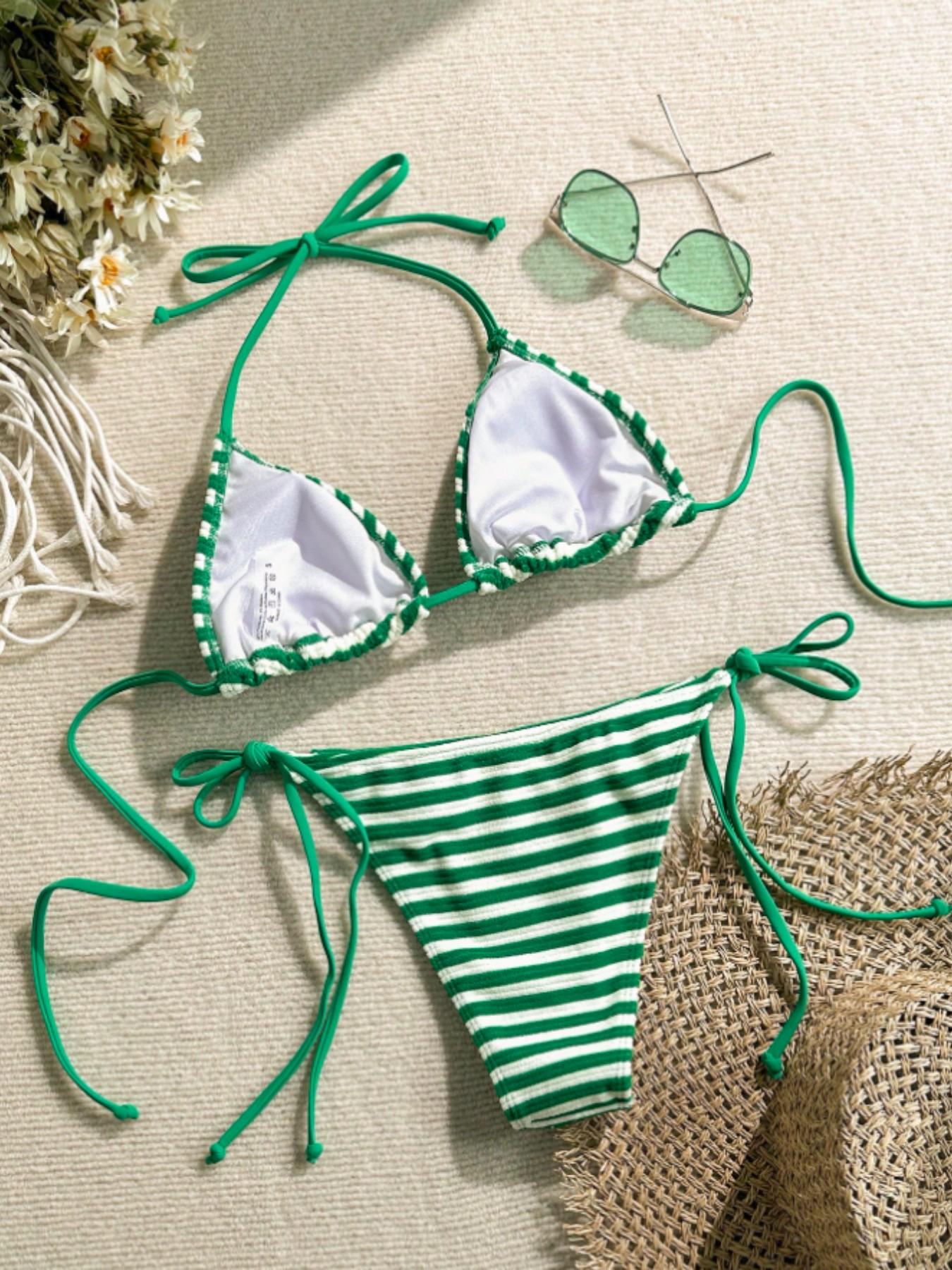 Women's Two-Piece Swimsuit Set, Vacation Beach Wear, Comfortable Slim-Fit Striped Triangle Bikini, Ideal for Pool Parties