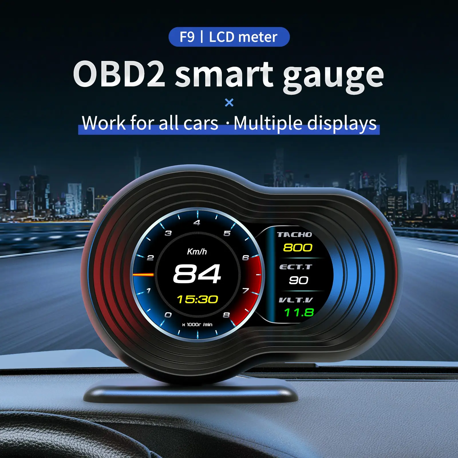 Car HUD Digital Dashboard Display Speedometer RPM Turbo Voltage Fault Code Scanner OBD2 + GPS Dual System Dashboard Gauge F9 Car Display Screen