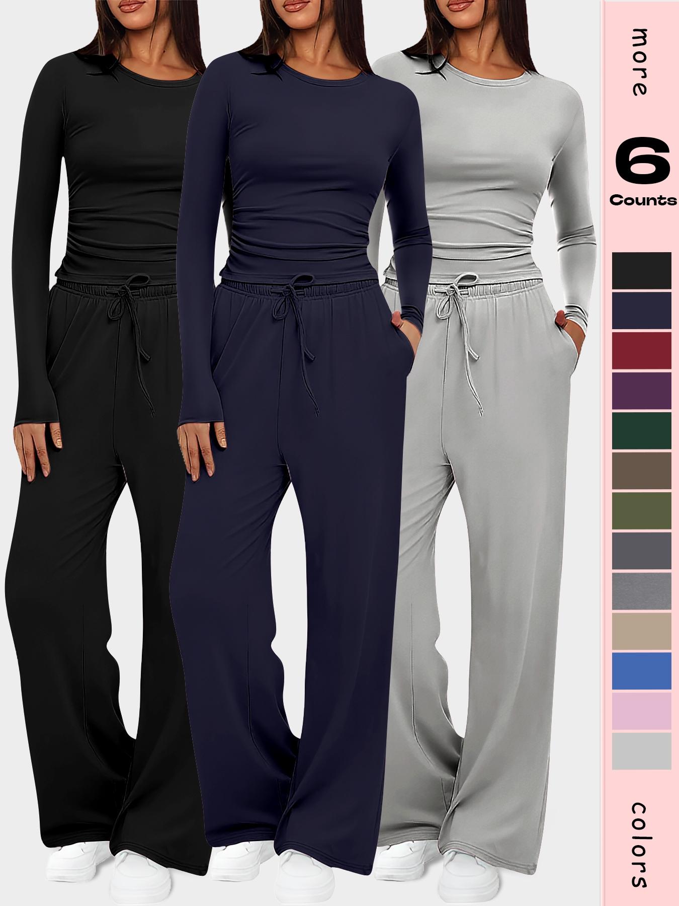 Women's 2-Piece Set Autumn and Winter Loungewear Sets, Ruched Fitted Long Sleeve Tops & High Waisted Wide Leg Pants