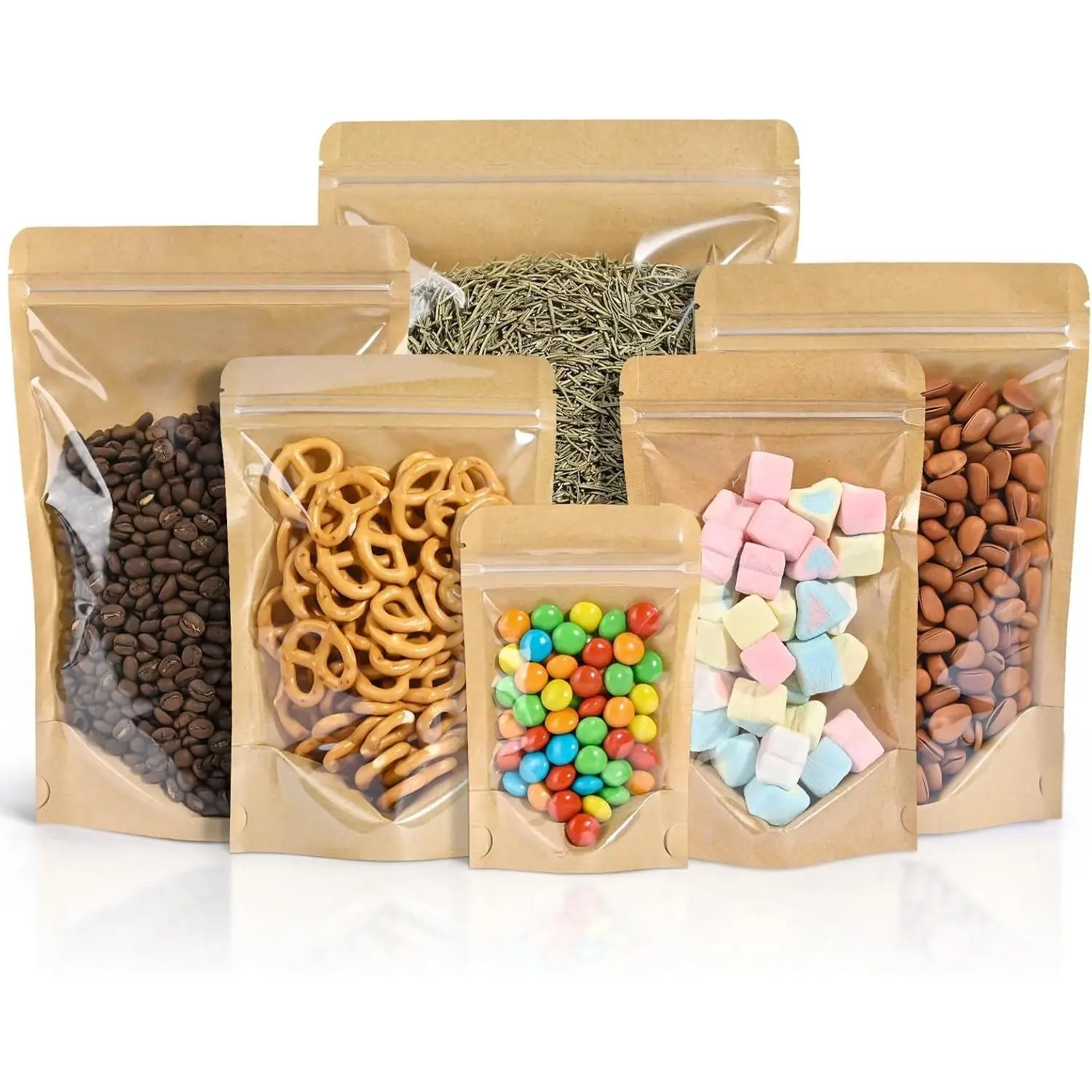 100 PCS Stand Up Pouches with Clear Window, 5.9" x 8.6" Resealable Zipper Brown Paper Bags for Food Storage(Gift)