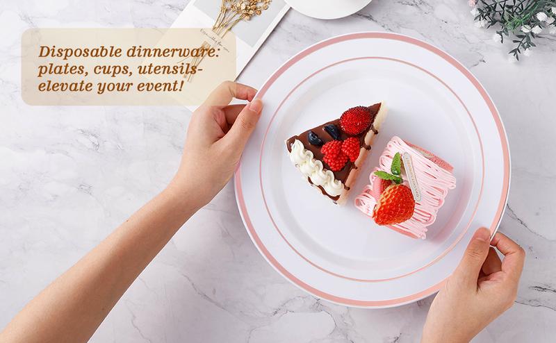 GOODLUCK 200PCS White Plastic Plates with Double Rose Gold Rim 100 Large Dinner & 100 Small Dessert Plates Elegant Durable Disposable Tableware for Christmas Weddings Birthdays and Holiday Parties BPA-Free & Sturdy - Gatherings