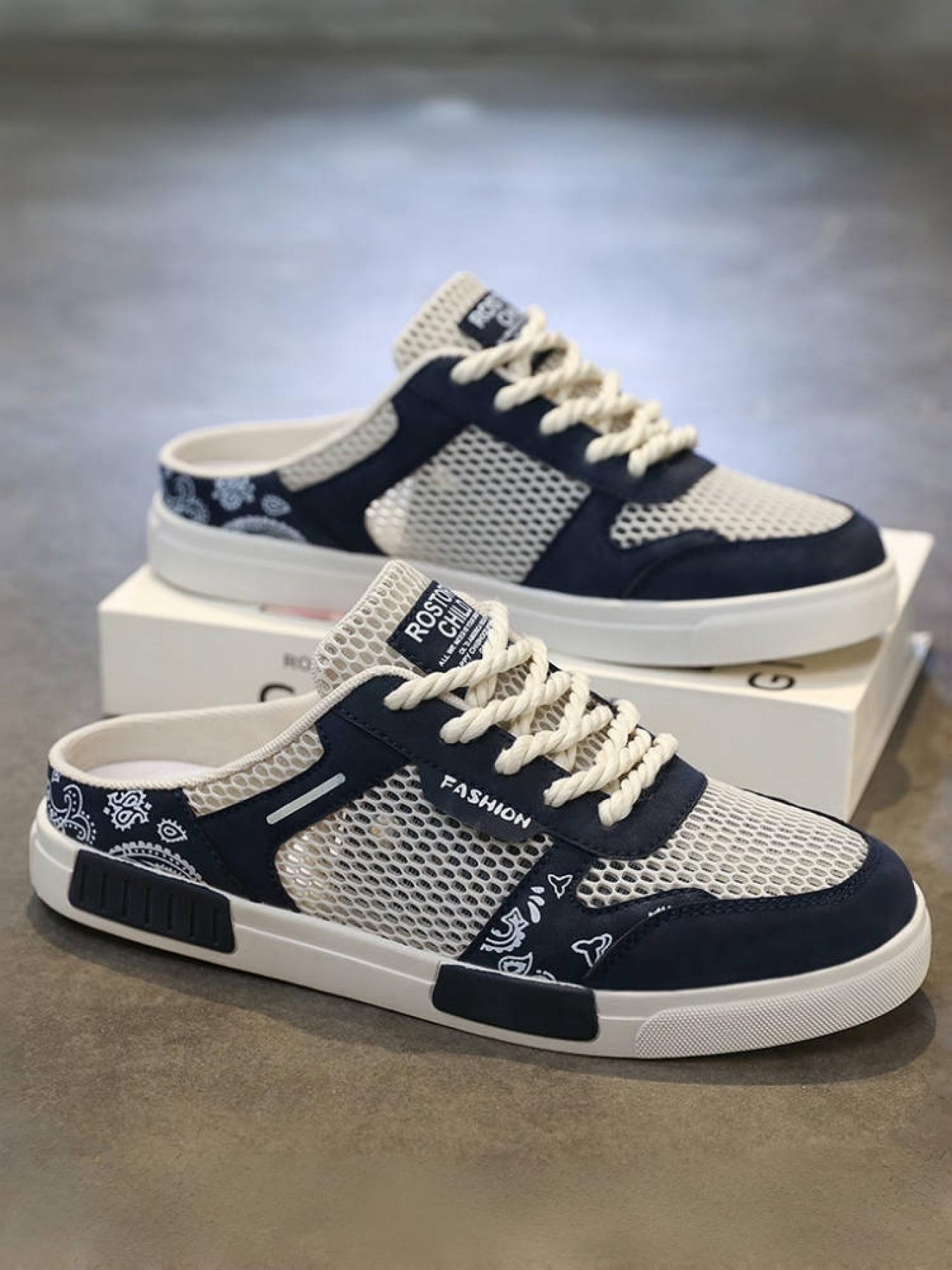 1 Pair Men's Large Size Mesh Half-Slip Board Shoes, Breathable Mesh + Anti-Collision Toe Cap, Rubber Anti-Slip Outsole, Heelless Lazy Shoes, Summer Outdoor Slippers