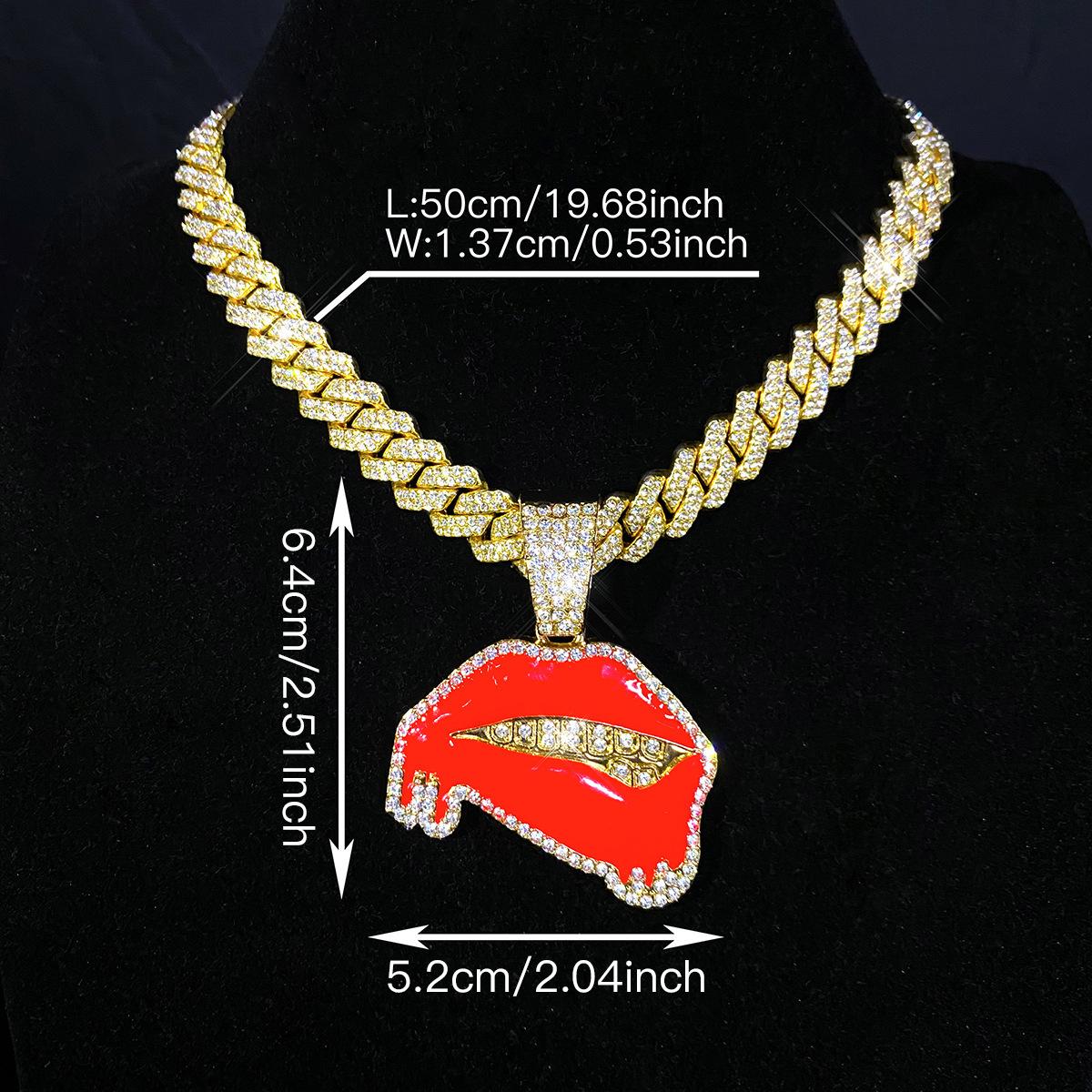 Diamond-studded oil-drip sexy red lip pendant hip-hop personalized creative alloy Cuban chain necklace