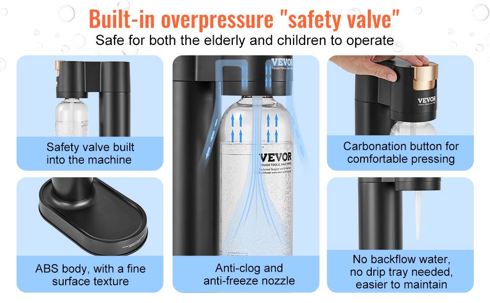 VEVOR Automatic Plastic Sparkling Water Maker Soda Starter Kit - Travel-Friendly, Natural, Additive-Free, Sugarless Carbonation, 2 BPA-Free 1L PET Bottles, Mainstream Screw-In 60L CO2 Cylinders Compatible (Not Included), Black