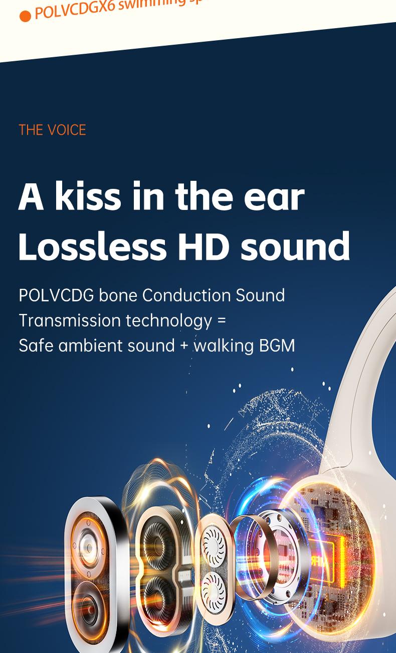 POLVCDG X6 wireless bone conduction headphones are deeply waterproof, 10 hours long battery life, 28g lightweight body 32GB large capacity.