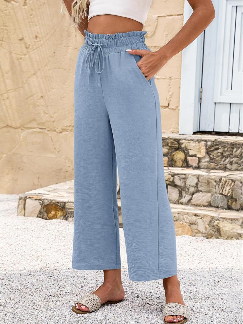 Women's Comfy Drawstring Casual Palazzo Pants, High Waist Cropped Lounge Trousers with Pockets, Fitted Organic Textile, All Seasons, Casual Fashion Trousers