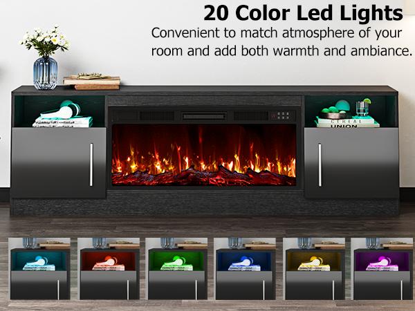 Fireplace TV Stand Entertainment Center with 36" Fireplace, 70" Wooden TV Stand for TVs Up to 80",Media TV Console with High Gloss Storage Cabinet and 16 Colors LED Lights