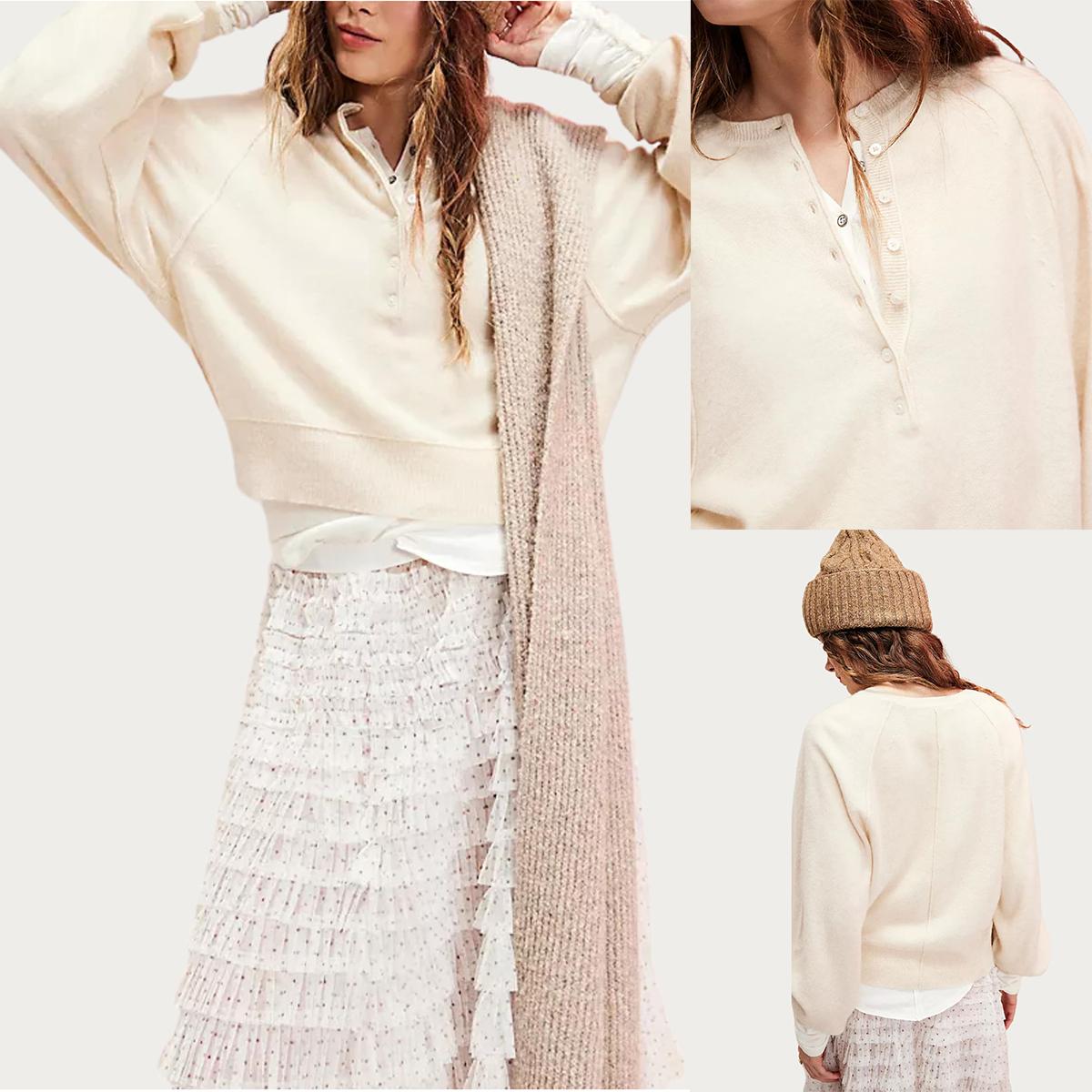 Buenoble Women Loose Button Front Knit Pullover Henley Neck Long Sleeve Knitwear Solid Cropped Sweater