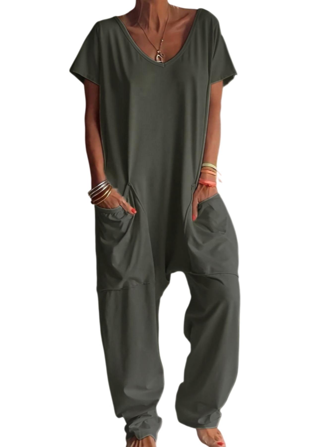 Women's Solid Color V-Neck Oversized Pocket Low Waist Jumpsuit, Casual Home Wear, Comfortable One-Piece Pants, Perfect for Daily Use