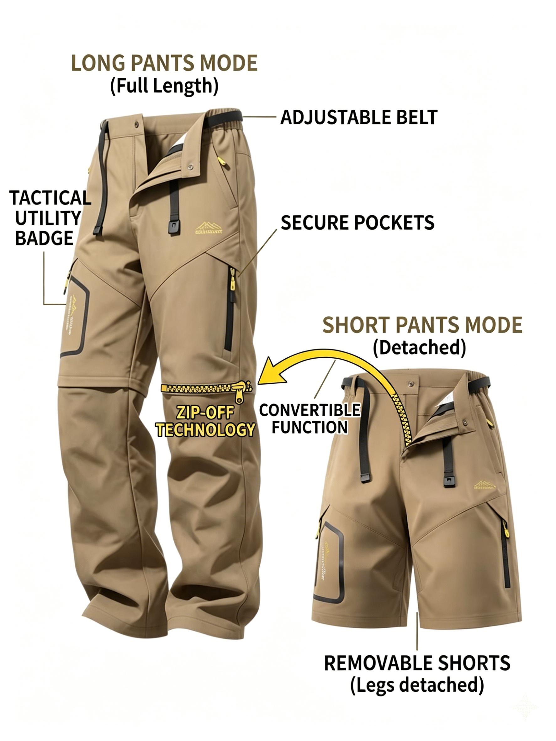 Men's Convertible Cargo Pants - Zip-Off Convertible Legs, Quick-Dry Polyester Blend Tactical Apparel, Belt Included, Stylish Hiking & Office Sports & Outdoor Joggers