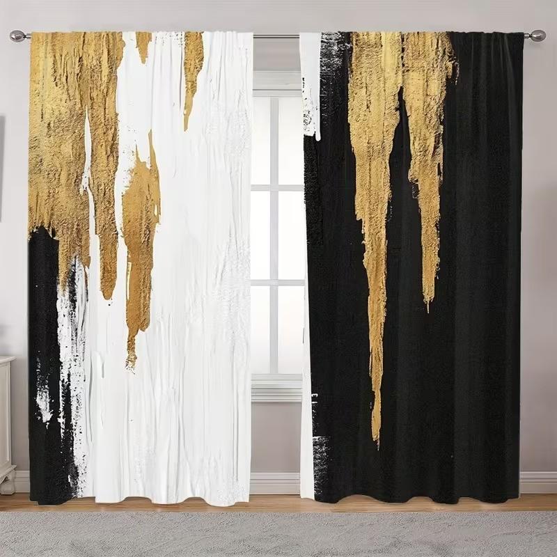 2 pieces of abstract printed curtains with gold dots pattern, made of polyester and semi-transparent, machine washable, suitable for bedrooms, living rooms and home decoration.