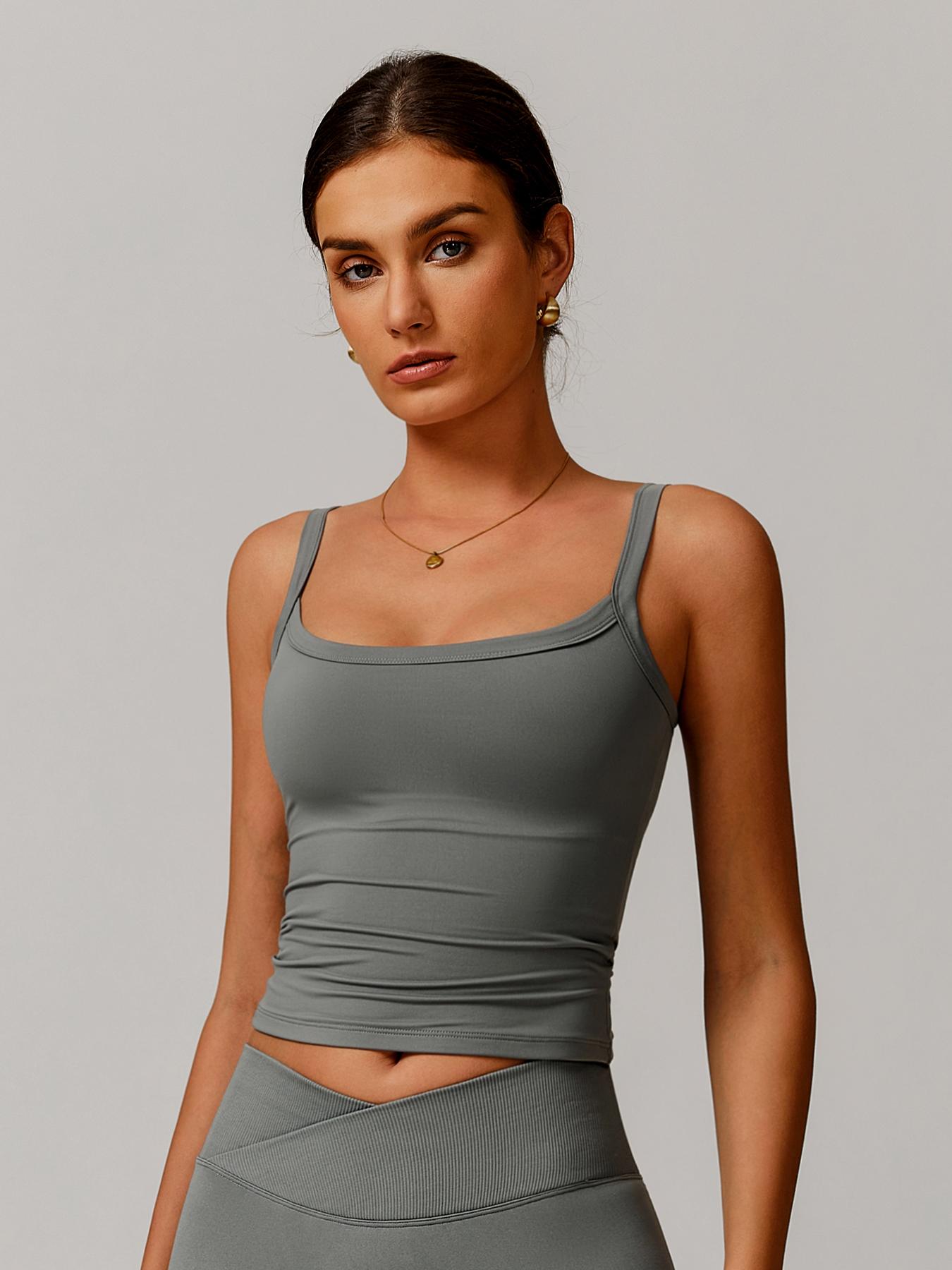 Women's Solid Square Neck Sports Cami Top, High Stretch Sleeveless Sports Top, Ladies Sportswear for Indoor Outdoor Wear, Workout Summer Clothes, Active Top, Gym Top