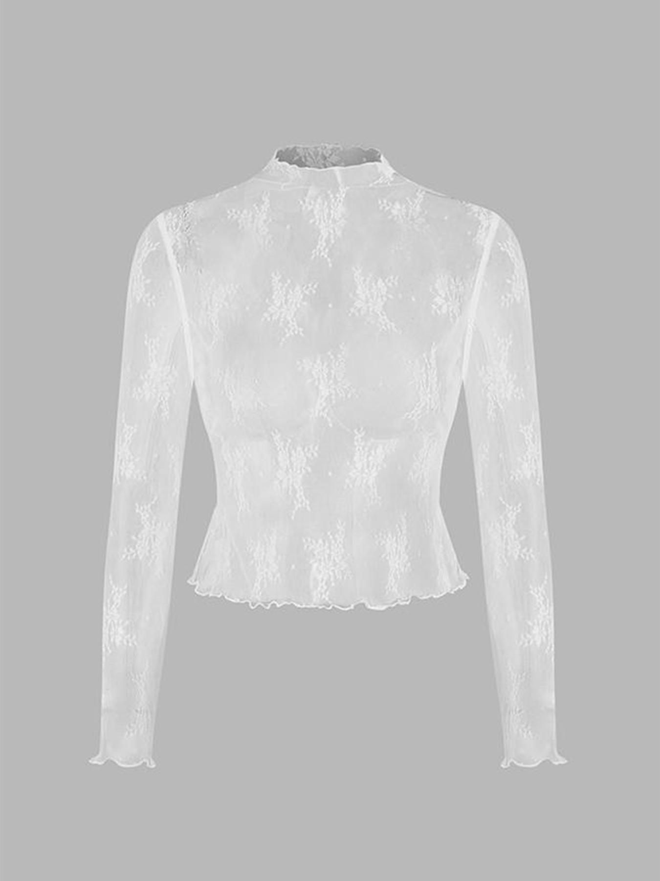 Women's Floral Lace Sheer Lettuce Trim Top, Elegant Long Sleeve Stand Collar Top for Daily Wear, Ladies Clothes for All Seasons, Casual Classy Top