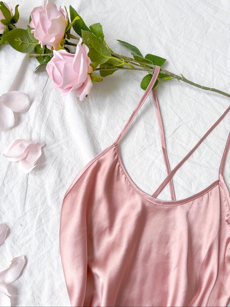 Women's Criss Cross Backless Cami Silk Nightdress, Adjustable Spaghetti Strap Satin Nightgown, Women's Sleepwear & Loungewear for All Seasons