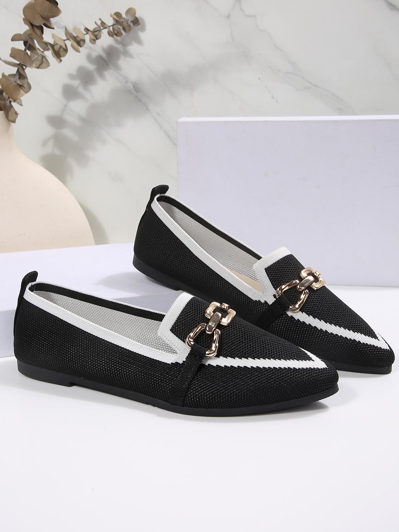 1 Pair Women's  Colorblock Knit Pointed Toe Metal Buckle Flat Loafers, Minimalist Commute Style Breathable Slip-On Shoes, Versatile Elegant Comfortable Professional Footwear for Office Work