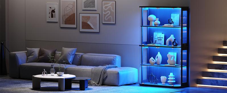 BROTTAR Large Display Cabinet with Glass Door, 4-Tier Curio Cabinet with 3 Color Lights for Collectibles, Glass Display Case with Transparent Full-Display Surface, Human Body Sensor, Black/White