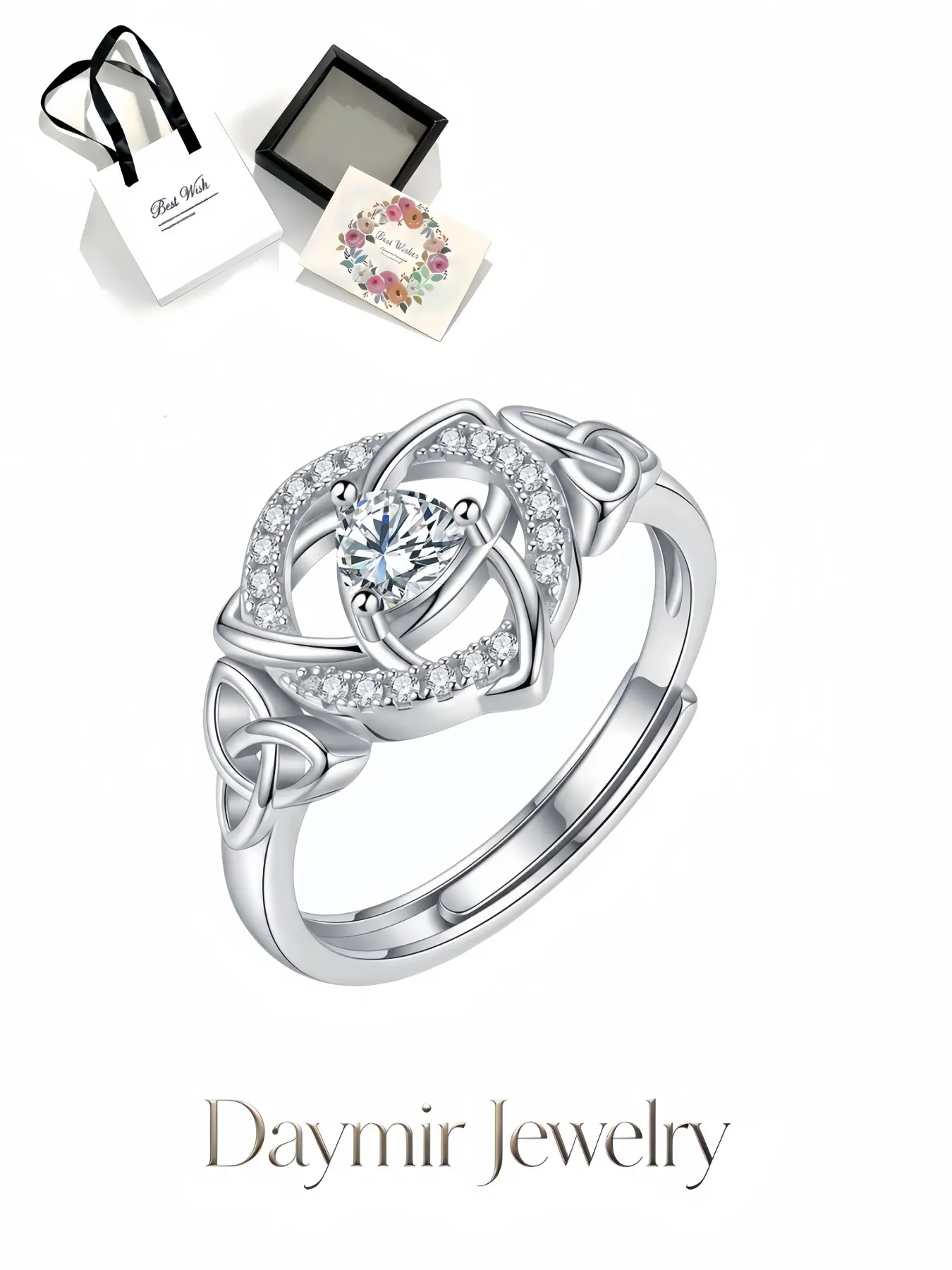 Vintage dainty open‑band gem ring covered with sparkling diamonds and featuring Celtic knot details for women. It comes with an elegant pull‑out jewelry box, perfect for birthdays, Mother’s Day, Valentine’s Day, Christmas and anniversary gifts