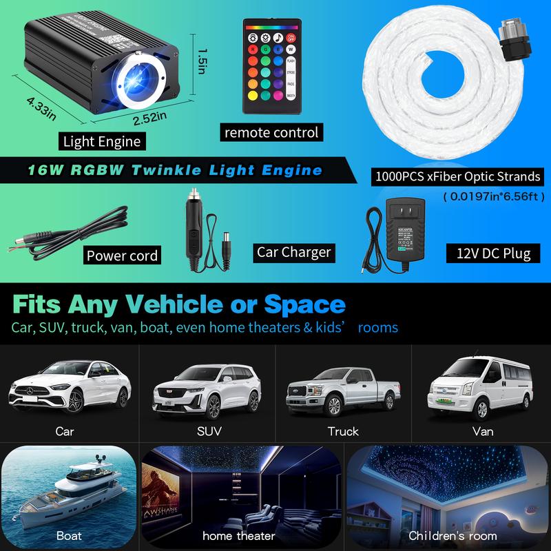 VASTFIRE Meteor Fiber Optic Ceiling Kit 16W RGBW 1000pcs 0.5mm*78.74 inch Bluetooth APP & Remote Control 20 Modes 8 Colors for Car Bedroom - Colorful Led Lights
