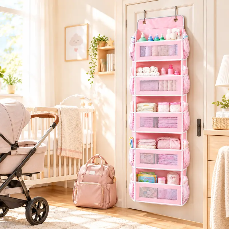 BY-Heavy Duty Over-the-Door Multipurpose Mesh Storage Bag Organizer - Non-Woven Dustproof, 50 lbs Load Capacity, 5 Large Front Pockets, 10 Side Pockets, Snap Hook Installation, Closet & Room Storage Organization for Baby Nursery, Bathroom Toiletries